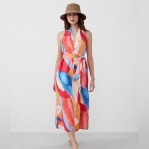 New BANANA REPUBLIC Linen Blend Twist Back Dress Brushstroked Multi S